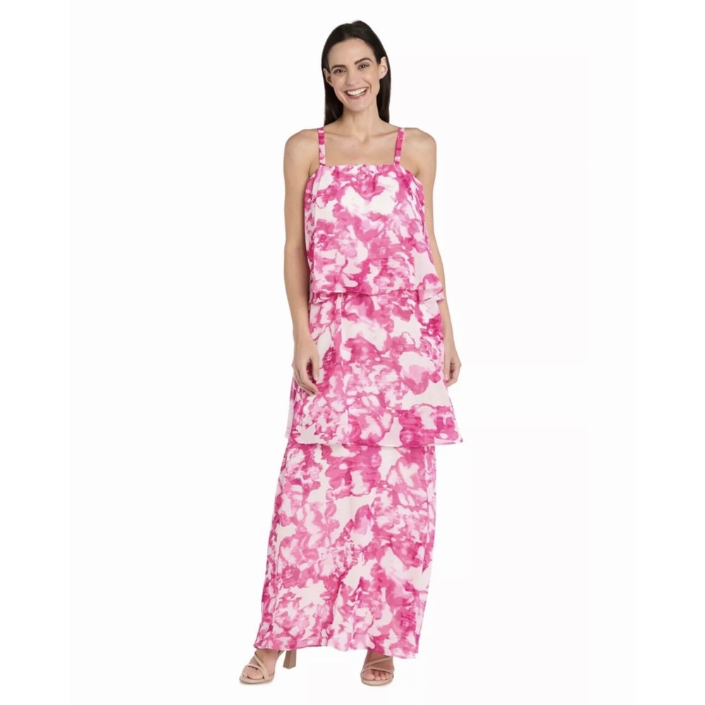 R & M Richards Women Maxi Dress 16W Pink White Floral Tiered Chiffon Popover